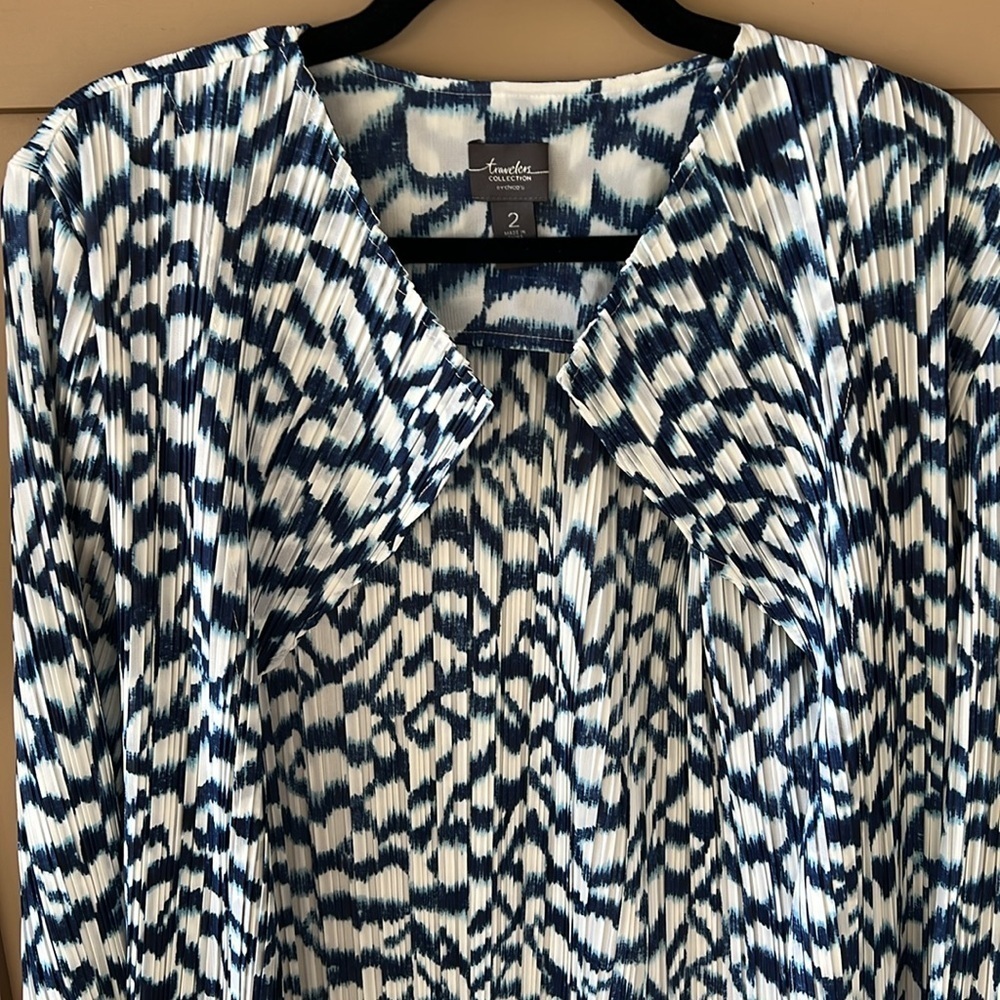 Chico’s Travelers Brushstroke Stripes Pleated Jacket Blue White Coastal Sz L - Picture 9 of 10
